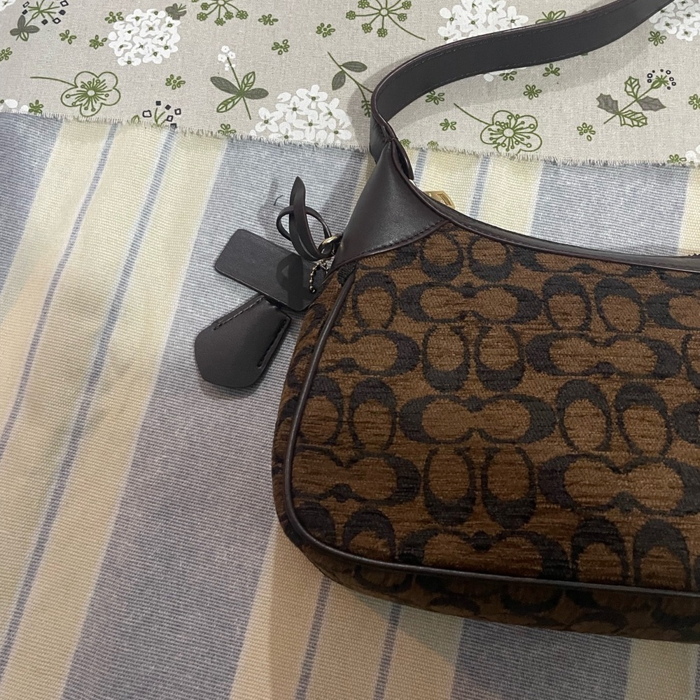 Coach Brown and Dark Brown Signature Jacquard Shoulder Bag with Gold Hardware - Picture 9 of 10